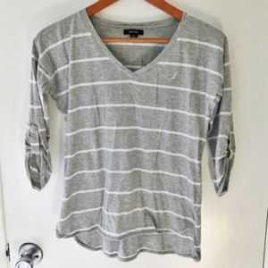 Nautica Womens Top Size S Grey White Stripes 3/4 Sleeve Roll Up